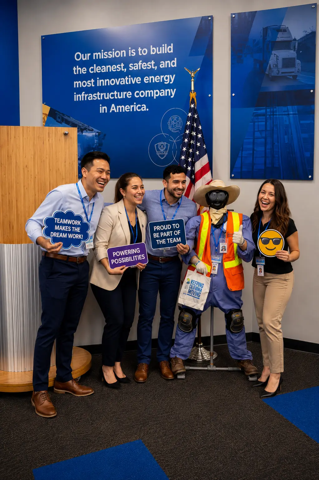 Corporate event guests posing with branded props