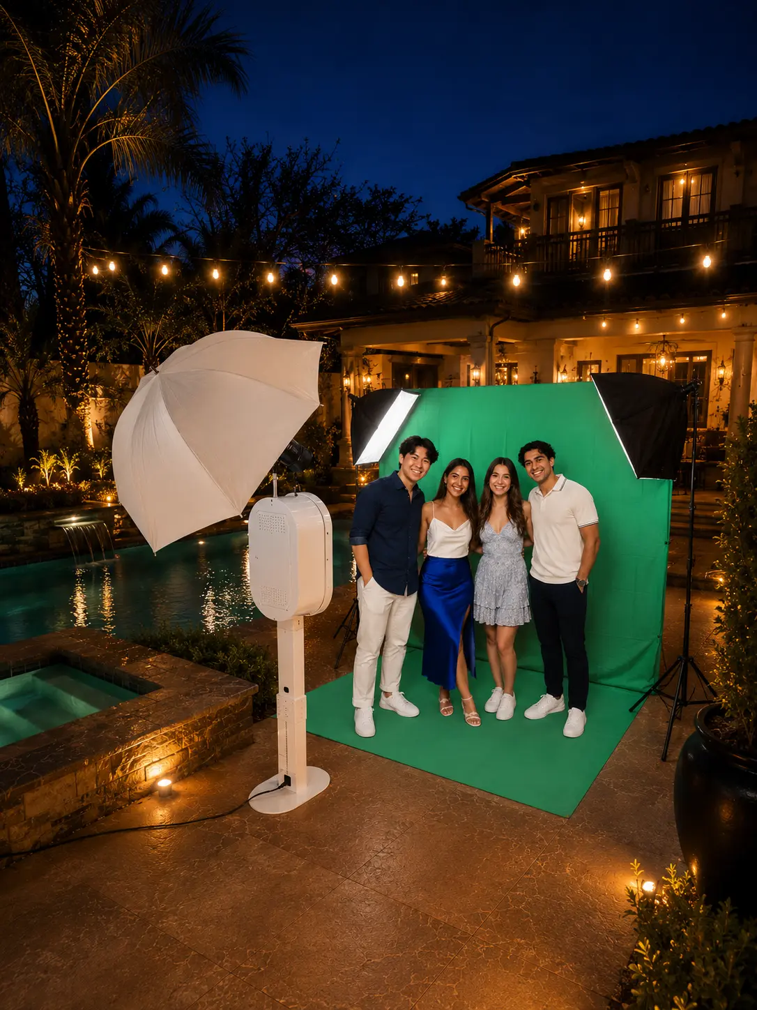 SJSU graduation guests posing at an MnM green screen photo booth setup
