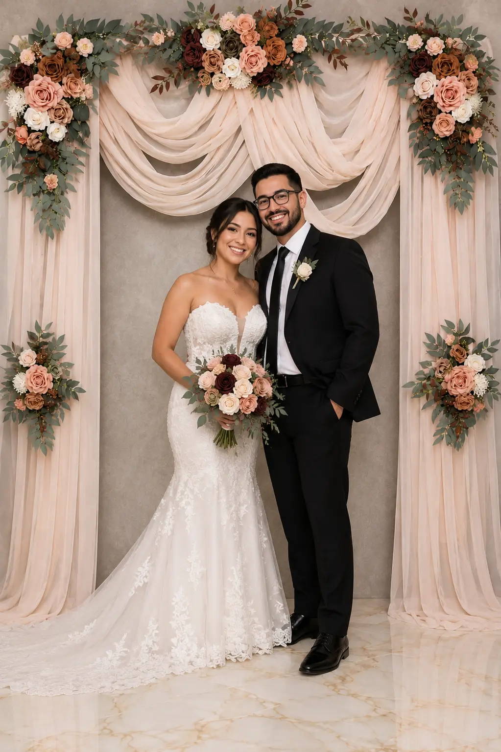 Bride and groom posing at a traditional MnM wedding photo booth backdrop
