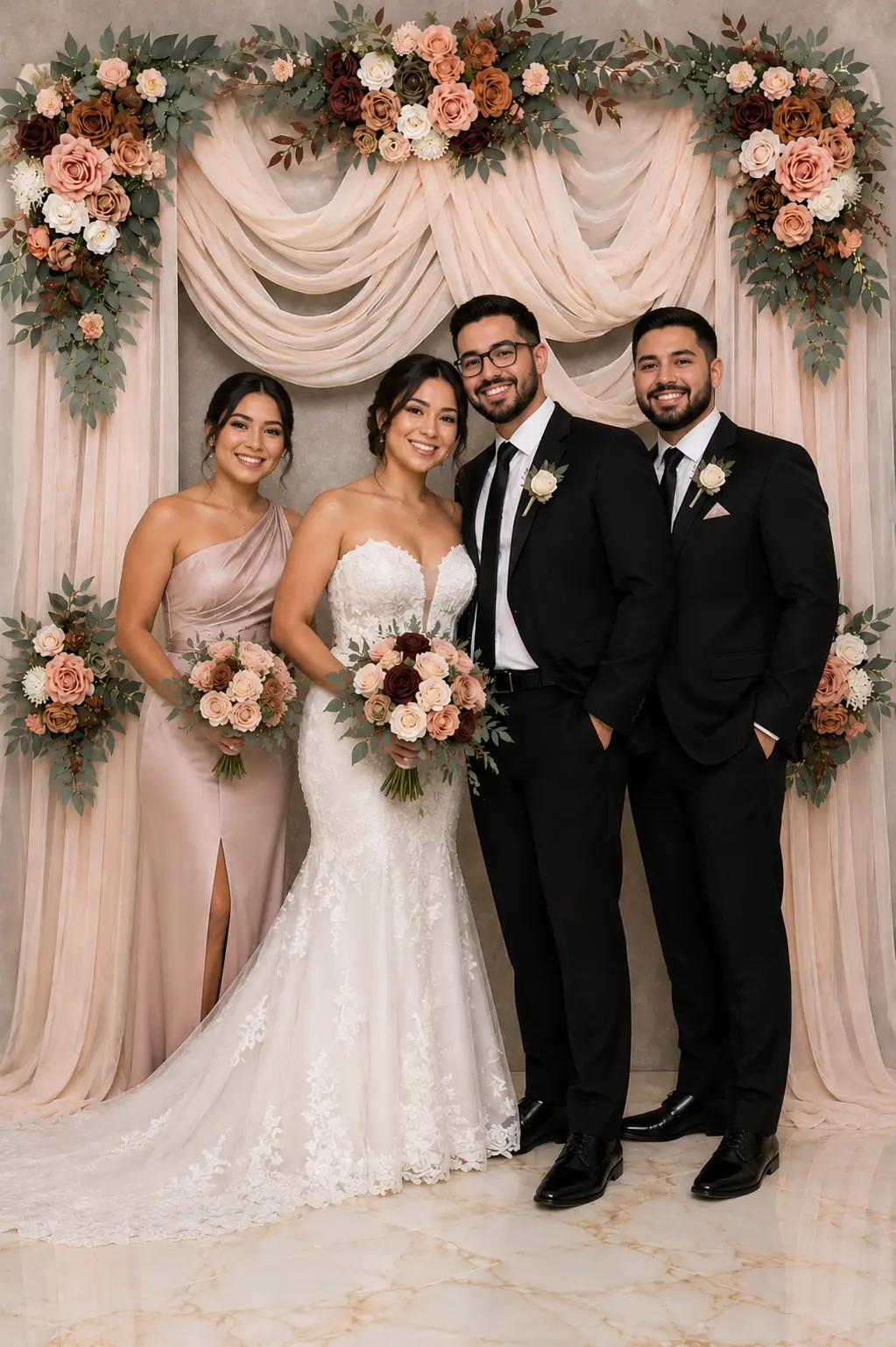 Wedding party posing at a traditional MnM photo booth backdrop